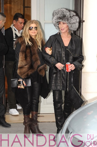 Cher-and-pregnant-Fergie-with-'Cabriolet'-glove-clutch-by-Perrin-Paris-shopping-together
